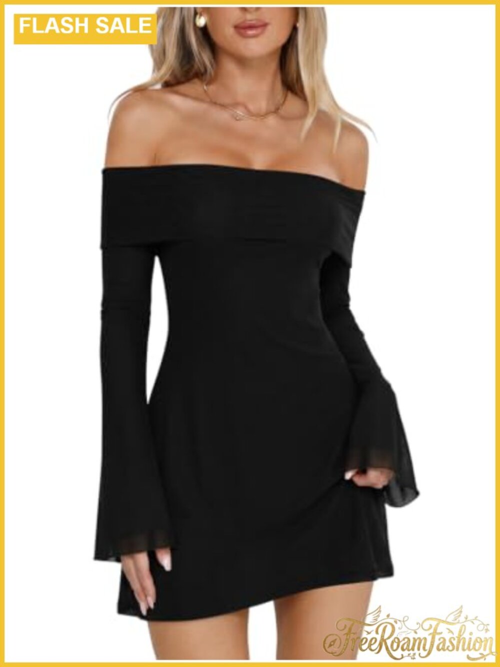 Off Shoulder Bell Sleeve Mini Mesh Dress Club Night Out